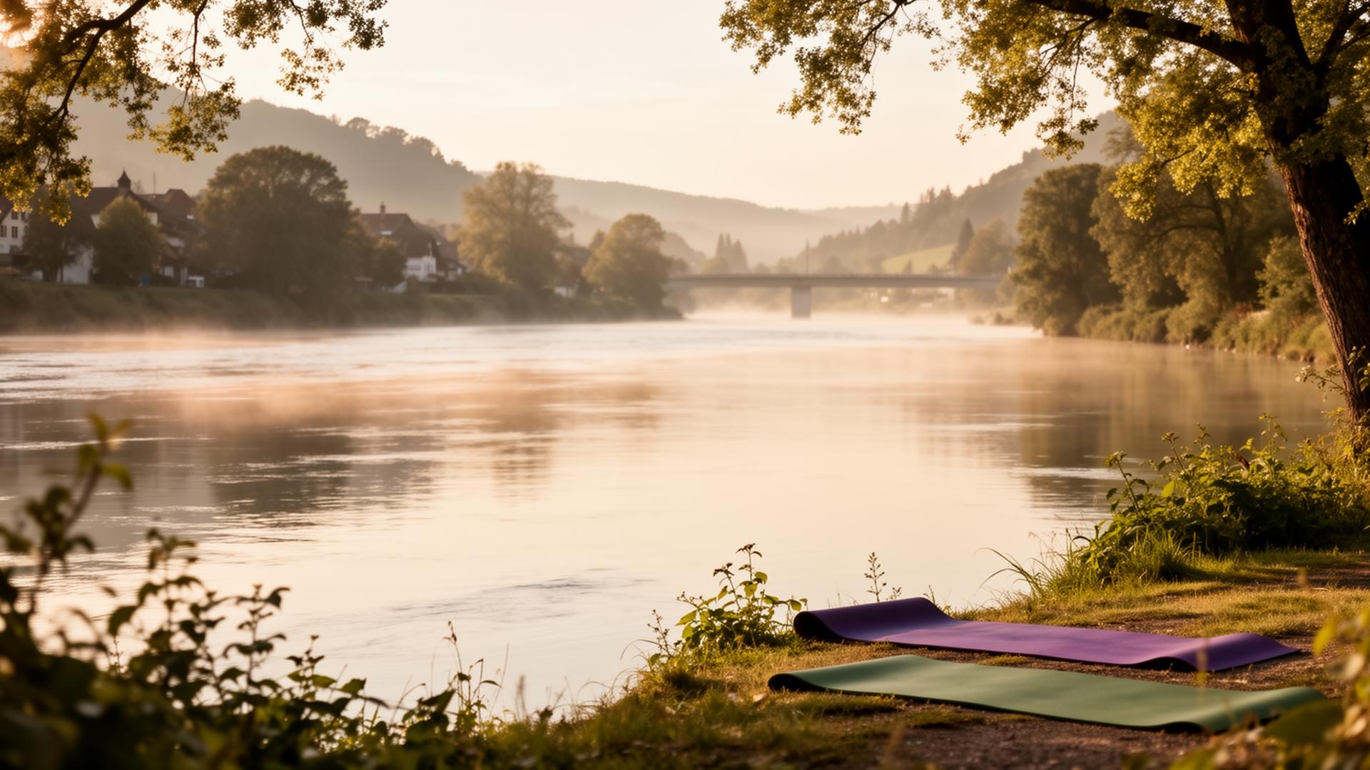 Yoga im Freien am Rhein bei Eglisau: Yogamatte am Ufer im weichen Morgenlicht